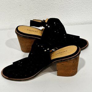 Chinese Laundry Block Heels Black Suede Cut Out Peep Toe Sandals Womens Size 7.5